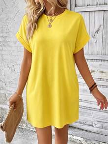 EMERY ROSE Women's Solid Color Round Neck Short Sleeve Rolled Hem Loose Summer Dress - Yellow - View 5
