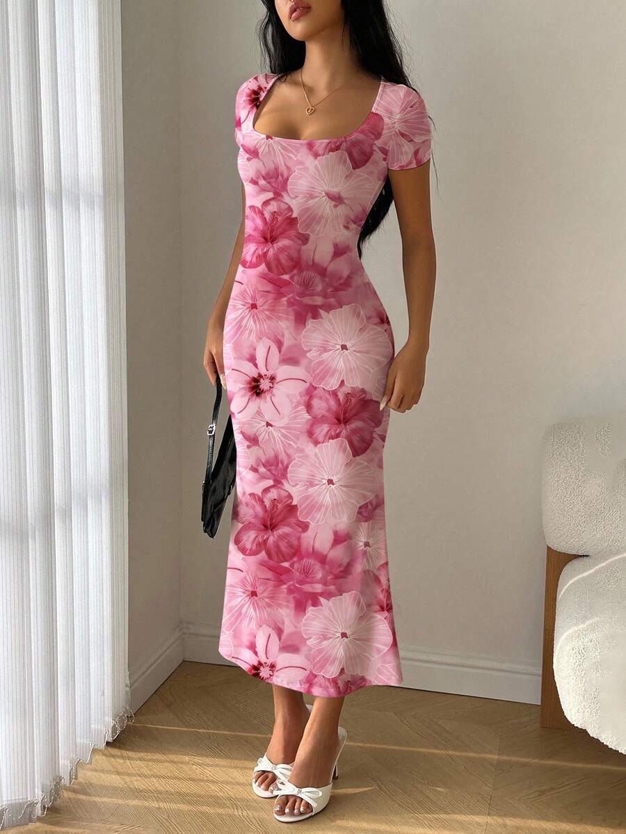 Modelyn Vestido ajustado con cuello cuadrado, volantes y bajo de sirena para el verano - Multicolor - Ver 1