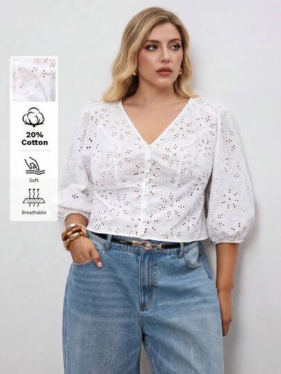 Maija Áo sơ mi nữ cỡ lớn màu trắng cổ chữ V cài phía trước, kiểu dáng thường ngày đi biển, chất liệu vải thêu khoét lỗ, tay áo phồng, ôm sát, lấy cảm hứng từ Hawaii, thích hợp cho mùa hè.