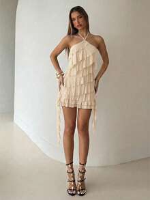 Aloruh White,Summer,70s,Party Y2K Music Festival Bohemian Elegant Halter Multilayer Ruffle Waist Asymmetrical Hem Mesh Mini Summer Dresses For Women - Beige - View 4