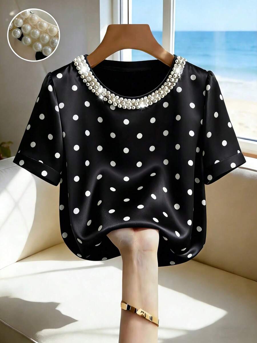 Franclia Blusa suelta de manga corta con cuello redondo, decoración de cadena de perlas y lunares en color albaricoque para mujer - Blanco y Negro - Ver 1