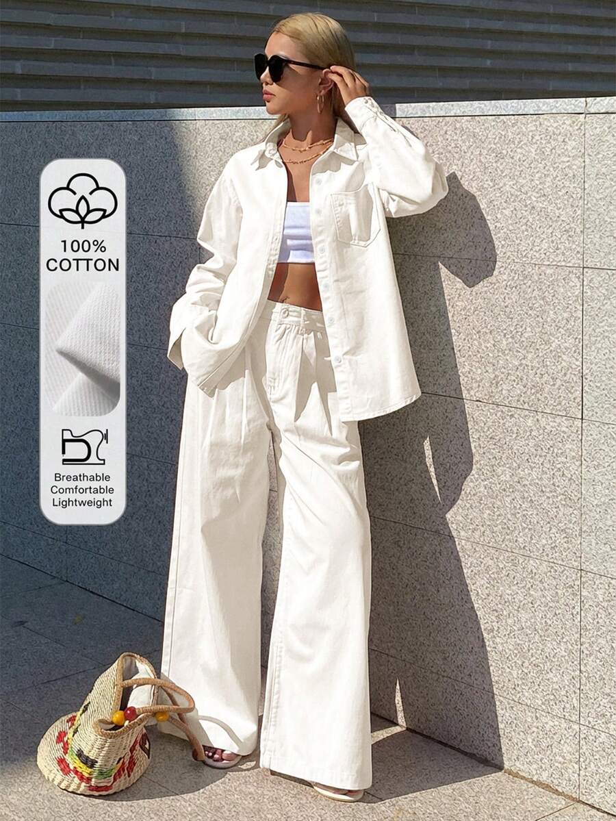 DAZY Conjunto casual de mujer con camisa suelta de cuello y pantalones rectos, color rosa, elegante y juvenil - Blanco - Ver 1
