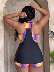 Maweii Summer Beach Plus Size Letter Graphic Tankini - Black - View 2