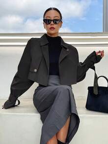 Buckle Raglan Sleeve Epaulettes Design Crop Trench Coat,Fall Clothes Women Jacket - Dark Grey - View 4