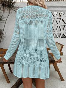 SHEIN LUNE Áo khoác cardigan dài tay nữ màu trơn khoét lỗ, kiểu dáng thường ngày - Màu xanh nhạt - Xem 2