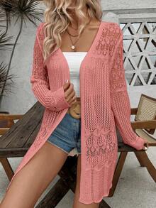 SHEIN LUNE Áo khoác cardigan dài tay nữ màu trơn khoét lỗ, kiểu dáng thường ngày - Màu Hồng  Dưa hấu - Xem 3