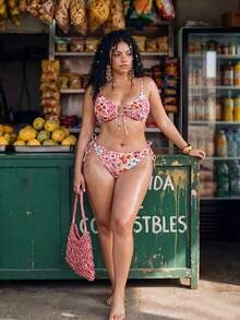 Swim Mod Plus Size Women Floral Print 2pcs Spaghetti Strap Tie Front Triangle Bikini Swimwear - Multicolor - View 4