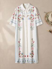Rusticease Đầm dài tay lửng cài cúc phía trước in họa tiết hoa retro dành cho nữ, thích hợp cho mùa hè. - Nhiều màu - Xem 4