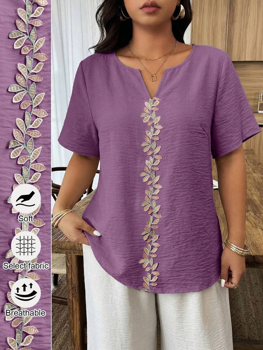 Apricot Linen Fabric Short Sleeve Lace Patchwork Plus Size Vacation Top, Spring/Summer - Purple - View 1