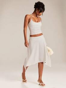 SHEIN BAE Chân váy nữ thanh lịch màu trơn phối ren, cạp thấp, thích hợp cho mùa hè. - trắng - Xem 6