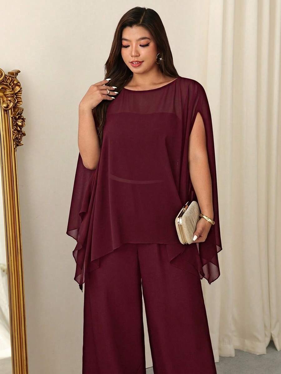 Firerie Plus Size Summer Elegant Mesh Patchwork Asymmetric Hem Shirt - Burgundy - View 1