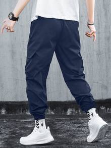 Manfinity Homme Men's Casual Drawstring Pocket Pants, Simple & Everyday Wear Men Navy Blue Parts Casual Parts, Fall - Navy Blue - View 2