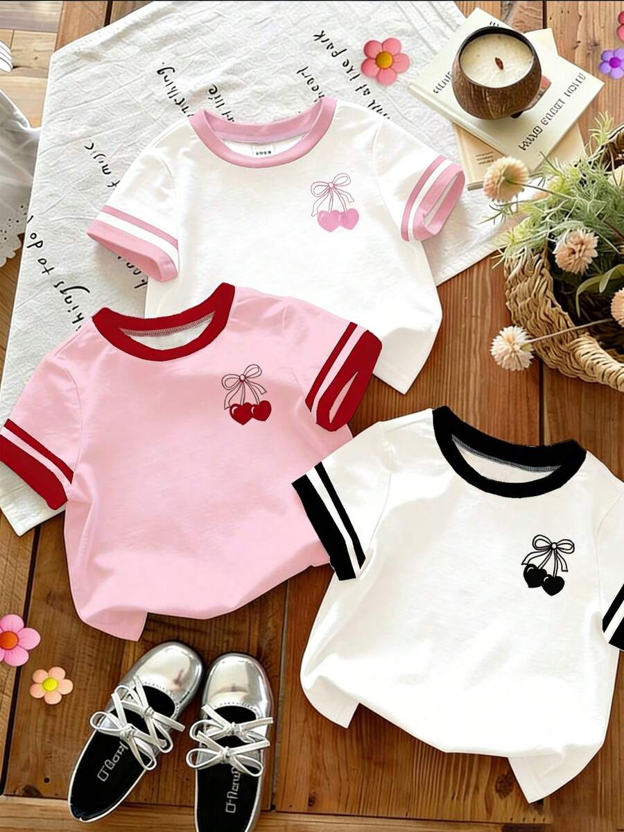 SHEIN 3件套 女童新款时尚 SS26 夏季休闲舒适撞色条纹樱桃蝴蝶结印花短袖圆领T恤，适合 - 彩色 - 查看 1