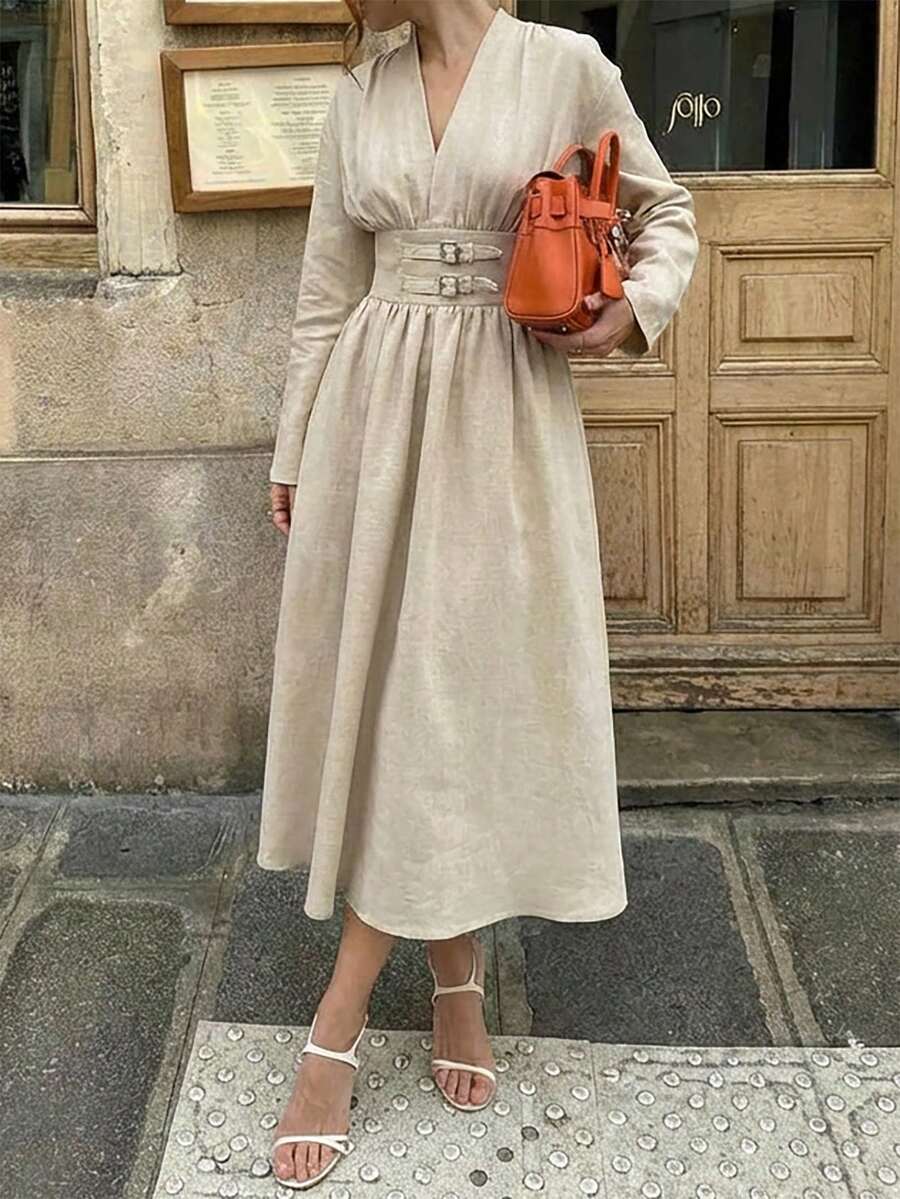 Aloruh Linen Color Khaki Long Sleeve Waist Cinched Midi Dress, Business/Commute Elegant Dress,Graduation Dress Women,Casual Women's Dresses,Country Concert Outfit,Office Wear Women,Work Outfits For Women,Long Dress,Suitable For Spring And Autumn - Khaki - View 1