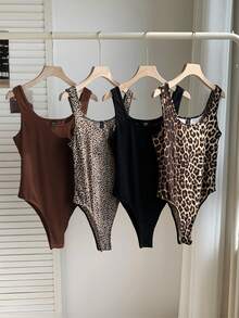 Comfortcana Plus Size Summer Retro Leopard Print Brown Tank Top 4-Piece Set, Plus Size Leopard Print Bodysuit Club - Multicolor - View 2