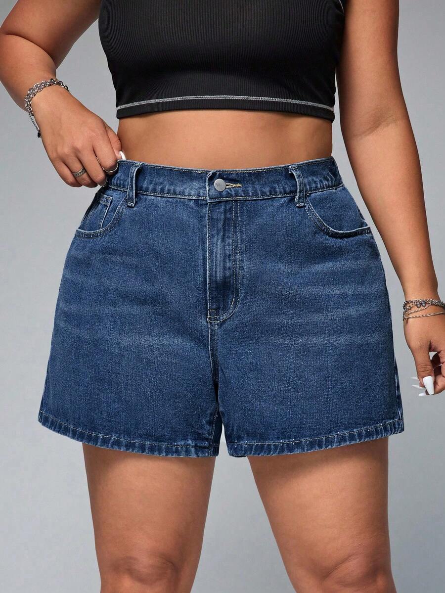 SHEIN ICON Plus Size Women Straight Loose Casual Denim Shorts - Dark Wash - View 1
