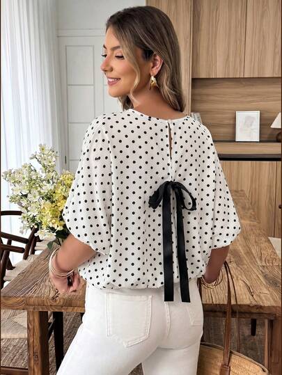 Louniche White Polka Dot Bat Wing, Back, Black Bow Decor Short Sleeve, Spring/Summer Vacation Blouse