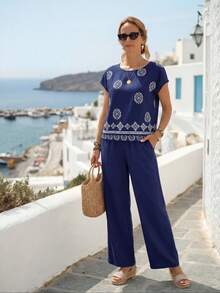Conjunto de 2 piezas de top y pantalones con estampado vintage casual de vacaciones para mujer - Negro - Ver 5