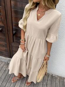 SHEIN LUNE Summer Dresses For Women,Women's Solid Color Casual Long Dress For Vacation - Apricot - View 4