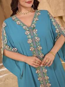 Al Najma Plus Size Solid Color Lace Trim Women Turkish Long Tunic, Arabic Traditional Long Dress - Teal Blue - View 4