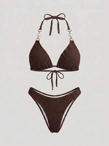 Sweetra Femmes Maillot de bain 2 pièces bikini sexy avec col ras-du-cou et nœud, couleur unie, pour l'été et la plage - Acajou - Voir 1