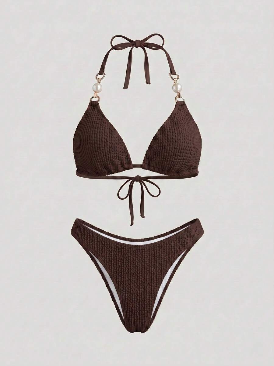 Sweetra Femmes Maillot de bain 2 pièces bikini sexy avec col ras-du-cou et nœud, couleur unie, pour l'été et la plage - Acajou - Voir 1