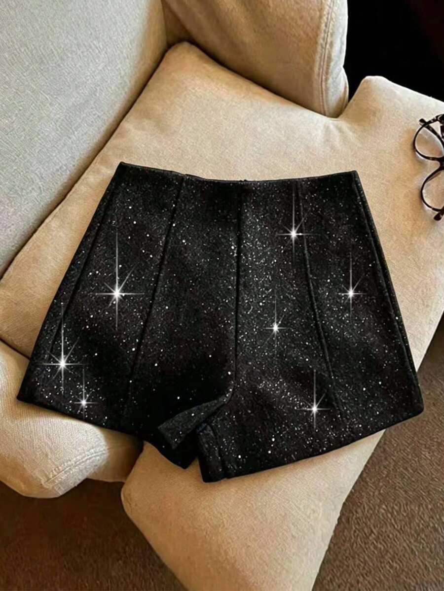 Franclia Fashionable Elegant Shiny Shorts For Women - Black - View 1