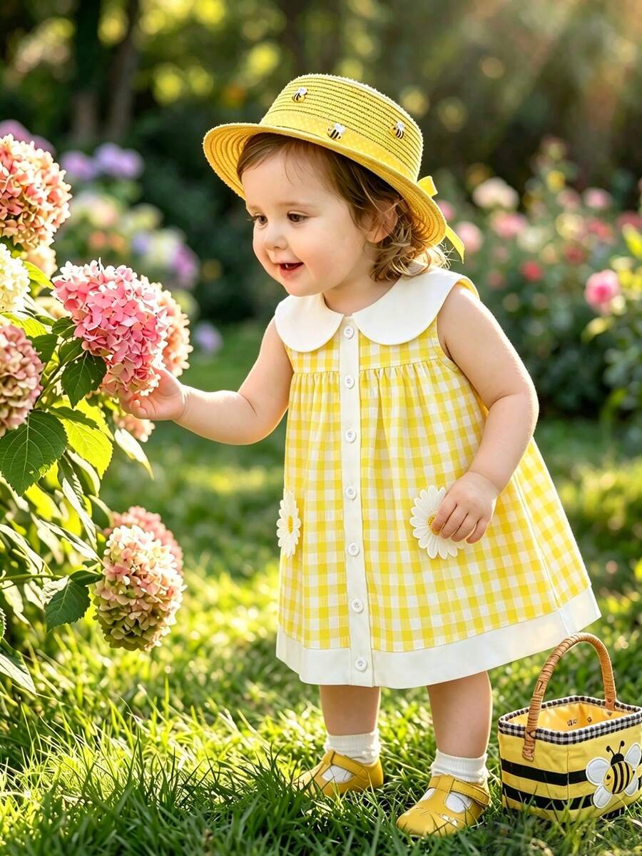 Souflis Souflis Đầm bé gái kiểu Pháp mới màu vàng kẻ caro họa tiết hoa 3D, thích hợp cho kỳ nghỉ, đi học, vui chơi và các dịp khác. - Màu vàng - Xem 1