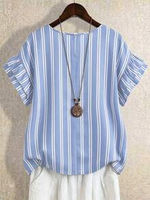 Linhara 女士夏季条纹圆领荷叶袖复古休闲衬衫，适合周末购物、咖啡馆小憩、通勤上班、日常穿着 - 藍白色 - 查看 2