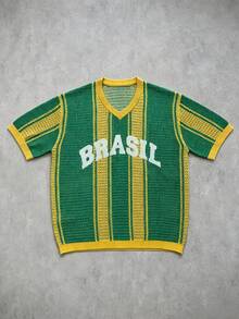 Aesthetic Post Men's Contrast Stripe Short Sleeve V-Neck Casual Knit Top - Green - View 3