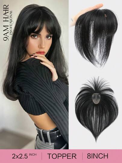 Hair Toppers For Women Real Human Hair, 2x2.5" Base Clip In Human Hair Topper With Bangs For 360° Cover 8 Inch Toppers For Thinning Hair To Add Volume