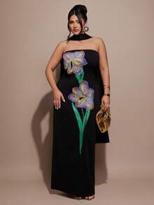 SHEIN BAE Plus Size Elegant Black Bodycon Long Maxi Dress,Autumn Formal Evening Ceremony Gown Women's 3D Floral Vibrant Plant Pattern Strapless Cocktail Party - Black - View 3