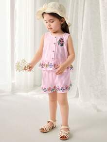DORA | SHEIN Young Girls Striped Print Camisole & Shorts Set, DORA - Pink - View 6