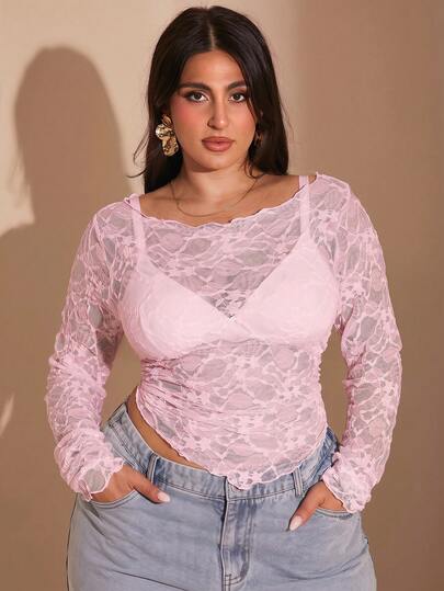 SHEIN BAE Plus Size Women Bow Decor Lace Blouse, Sexy Asymmetrical See-Through Formal Party Top For Valentine's Day, Summer, Birthday, Curve