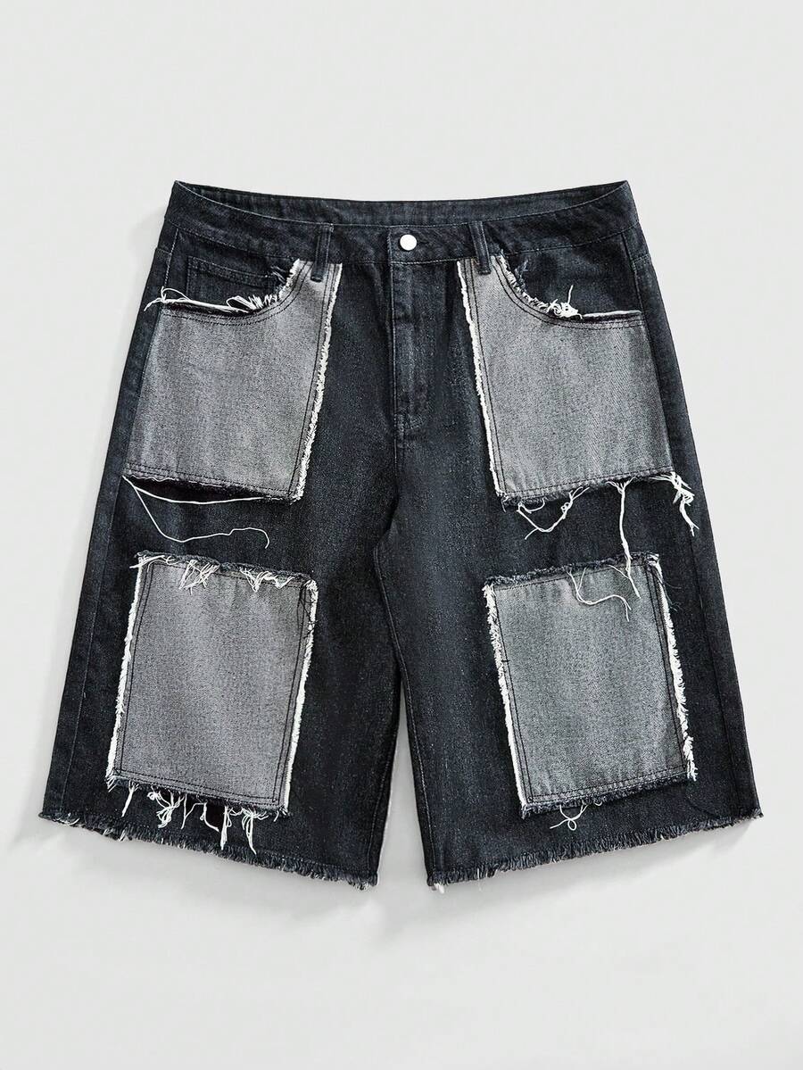 ROMWE MEN Street Life Shorts en jean décontractés pour hommes avec poches effet patchwork et effilochés - Multicolore - Voir 1