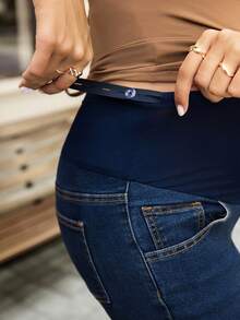 SHEIN Quần jean lửng dáng rộng màu xanh đậm dành cho bà bầu - Rửa tối - Xem 6