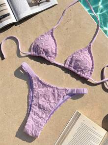 SHEIN Swim Mod Bộ đồ bơi 2 món dành cho nữ, thời trang và dễ thương, thích hợp cho khu nghỉ dưỡng, bãi biển, tiệc bể bơi. Chất liệu vải trơn, họa tiết nổi bật, kiểu áo tam giác hở lưng và quần bơi nhún bèo. - Màu tím - Xem 3
