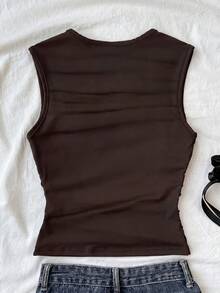 SHEIN Teen Girls T-Shirts Summer Solid Ruched Side Tank Top - Brown - View 2