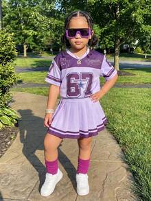 Conjunto de camiseta de manga corta y falda estampada en morado para niñas (talla pequeña) - Morado - Ver 4