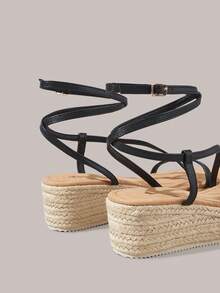 Styleloop Women's Black Fashion Solid Color Woven Casual Platform Wedge Sandals, Bohemian Vacation Style Vintage Ba Canvas Platform Ankle Sandals, Western Style, Music Festival Party Clothing, Vacation Atmosphere, Summer Wear, Travel Essentials - Black 3 - View 5