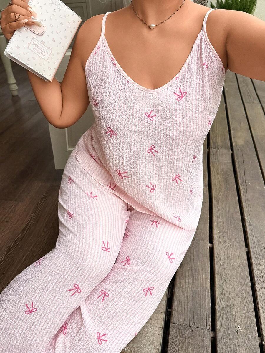 Napfluff CURVE Napfluff CURVE Plus Size Pink Striped Heart Print Camisole Top And Pants Pajama Set - Pink - View 1