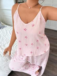 Napfluff CURVE Napfluff CURVE Plus Size Pink Striped Heart Print Camisole Top And Pants Pajama Set - Pink - View 4