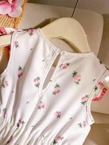 SHEIN 1pc Girls Summer New Round Neck Ruffle Trim Front, Open Water Drop Waist Elastic Ditsy Floral Casual Sweet Vacation Dress - Multicolor - View 5