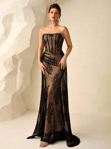 Coutiva Women's Elegant Ruched Lace Formal Evening Gown (Embellished) - Black - View 6