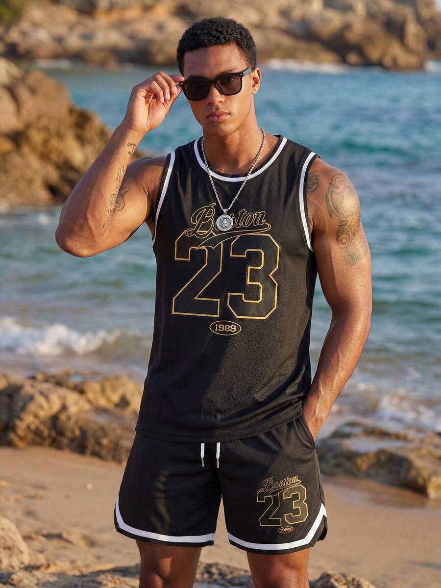 Manfinity EZcore Plus Size Knitted Plus Men's Tank Top + Shorts Set - Black - View 1