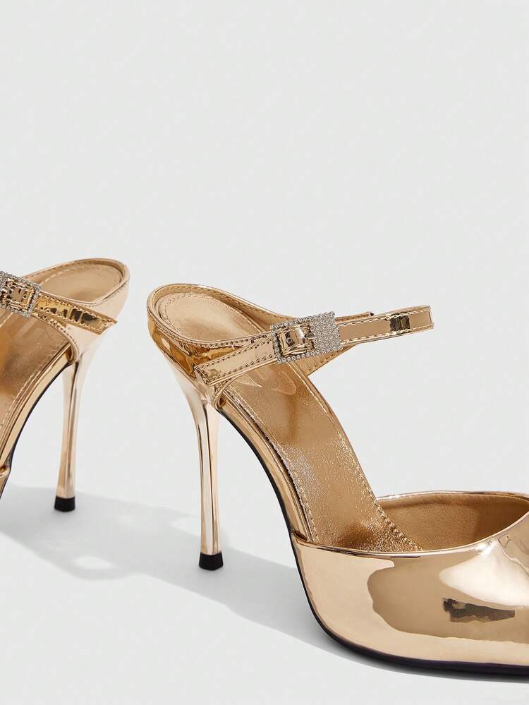 CUCCOO SZL Women's Shoes New Fashionable Versatile Sexy Dating Rhinestone Buckle Gold High Heels