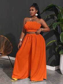 Slaydiva Women's Plus Size Ruffle Trim Cami Top & Paperbag Waist Wide Leg Pants - Orange - View 4
