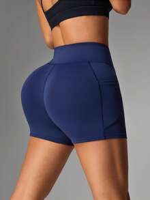 Dewbera Reflekterande silverfärgade yogashorts med hög midja för kvinnor - Dark Blue - Visa 2