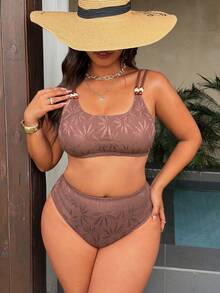 Swim Chiccia Plus Size 2 Pieces Brown Coconut Tree Textured Bikini Set, Amber Bead Decor Scoop Neck Spaghetti Strap Swimwear, Summer, Boho, Beach, Holiday Resort Wear - Brown - View 5