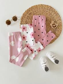 SHEIN 3pcs/Set Babygirl Casual Comfortable Versatile Knit Polka Dot, Floral & Heart Pattern Elastic Waist Pants - Pink - View 6